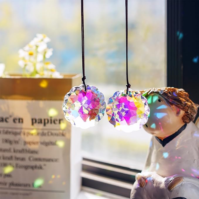 HDCRYSTALGIFTS Set 2 AB Color Crystal Suncatcher Datura Shaped Pendant Rainbow Feng Shui Hanging Prism (45mm)-VerdiqueGarden