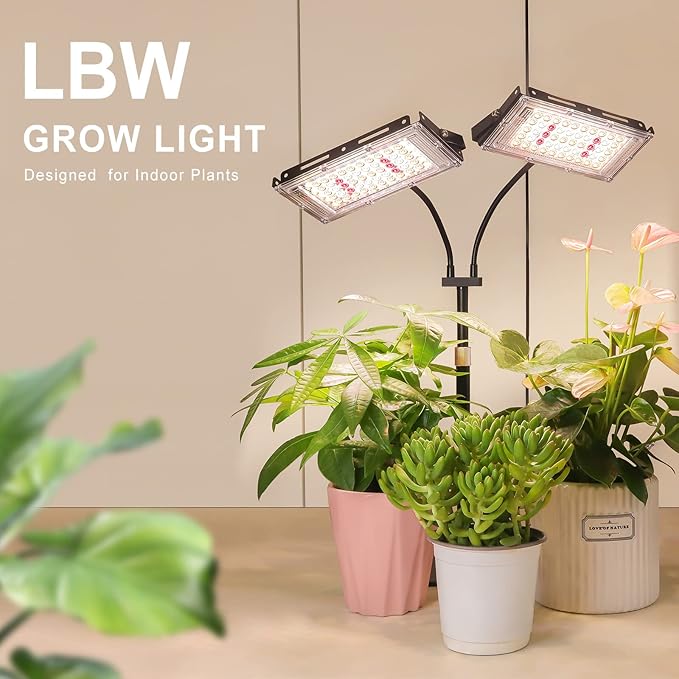 LBW Plant Grow Light, Full Spectrum Dual Heads Desk Plant Light for Indoor Plants, Growing Lamp with 3H/6H/12H Timer, 6-Level Brightness, 3 Lighting Modes, Height Adjustable, Ideal for Indoor Growth-VerdiqueGarden