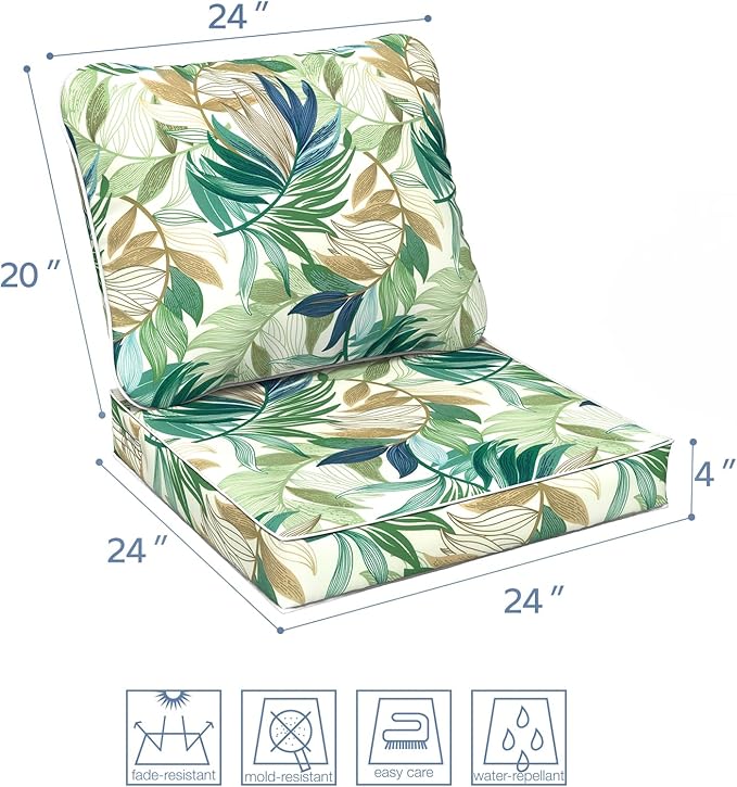 LVTXIII Outdoor Deep Seat Cushion Patio Seat and Back Cushion Set Seasonal Chair Cushion for Dining Arm Chairs, Wicker Chairs and Garden Furniture Decoration, 24"x24"x4", Lush Leaf Green-VerdiqueGarden