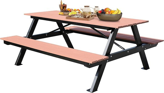 6FT Outdoor Picnic Table and Bench Set with 2" Umbrella Hole, WPC Tabletop Seattop Patio Dining Set for 6 People, Outdoor Dining Table and Chair for Park Garden Yard Patio- Brown-VerdiqueGarden