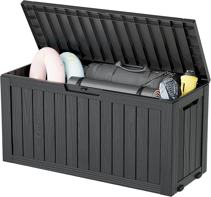 KAMABOKO Deck Box, 75 Gallon Resin Indoor and Outdoor Storage Boxes Waterproof for Garden Tools, Pool Accessories Storage Bench, Patio Furniture and Cushions with Lockable Lid, Black-VerdiqueGarden