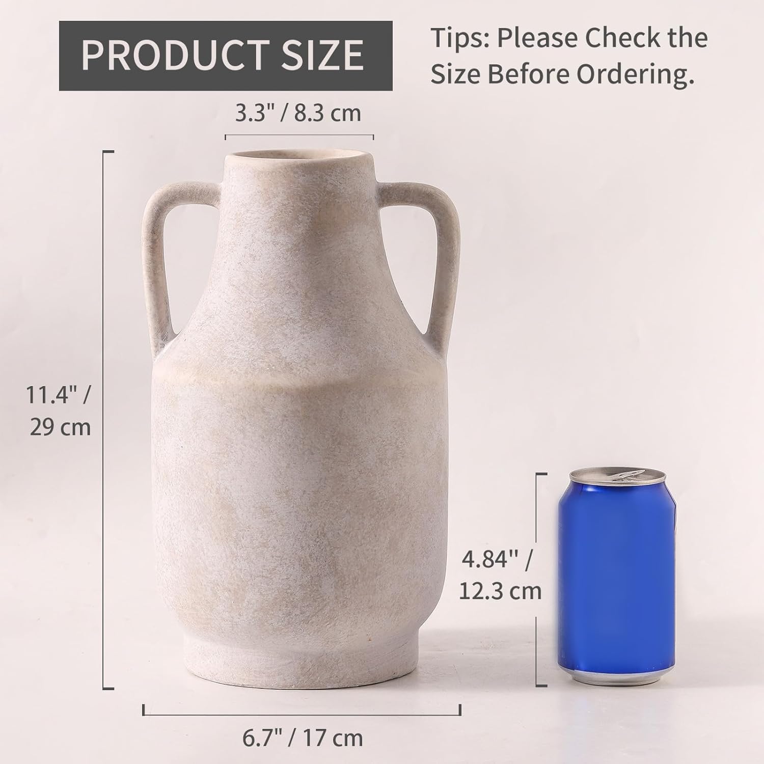 Mitt&Ditt Ceramic Flower Vase with Handles, 11 inch Tall Off-White Vase, Large Decorative Terracotta Vases, Farmhouse Rustic Pottery Vases for Home Decor, Living Room, Table-VerdiqueGarden