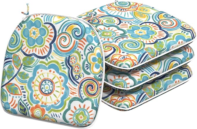 Indoor/Outdoor Chair Cushions 16x17 Inch, Patio Chair Cushions with Ties, All Weather Seat Cushions for Patio Furniture Home Garden Chair Use, Set of 4, Flower Blue-VerdiqueGarden