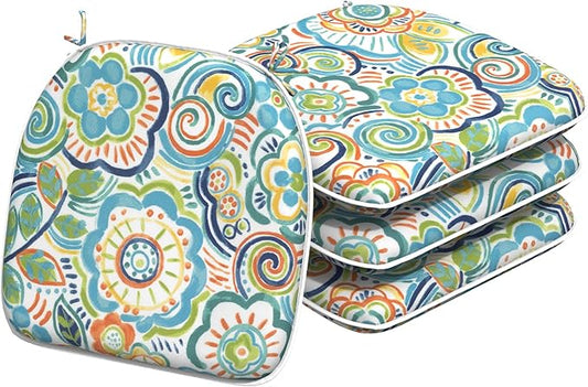 Indoor/Outdoor Chair Cushions 16x17 Inch, Patio Chair Cushions with Ties, All Weather Seat Cushions for Patio Furniture Home Garden Chair Use, Set of 4, Flower Blue-VerdiqueGarden