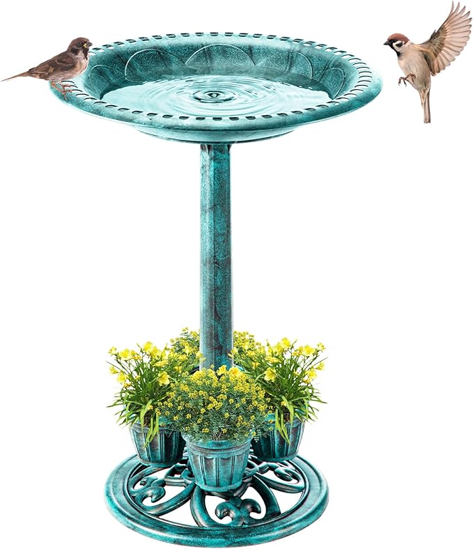 Bird Bath for Outside with 4 Removable Flower Planters 28in Polyresin Lightweight Vintage Birdbath Stake Standing Bowl and Water Feeder Yard Gardan Decor Green-VerdiqueGarden