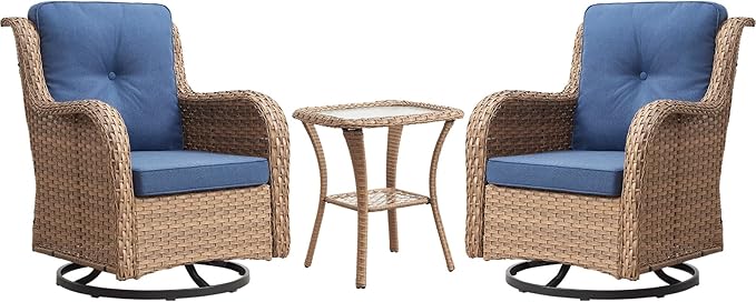Outdoor Patio Swivel Rocker Chairs - 3 Piece Patio Bistro Set,Wicker Patio Furniture Set with 2 Swivel Rocking Chairs and 1 Glass Top Side Table for Deck Porch Garden,Yellow/Blue-VerdiqueGarden