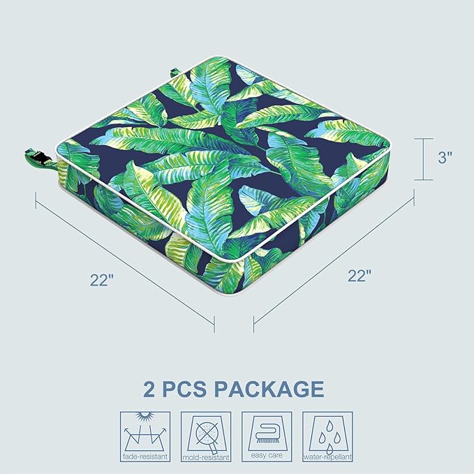 LVTXIII Patio Chair Cushions 22"x22"x3", Water-Repellent Outdoor Seat Cushions for Patio Furniture, Square Chair Pads with Ties for Home Garden Decoration, Set of 2, Hanalei Lagoon-VerdiqueGarden