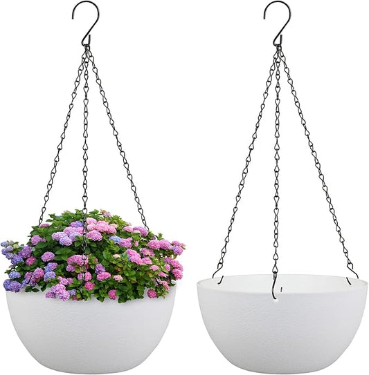 10 inch Hanging Planters for Indoor Outdoor Plants, 2 Pack Hanging Flower Pots with Drainage Holes and Chain for Garden Balcony Porch, Round Plastic Hanging Baskets for House Plants, White-VerdiqueGarden