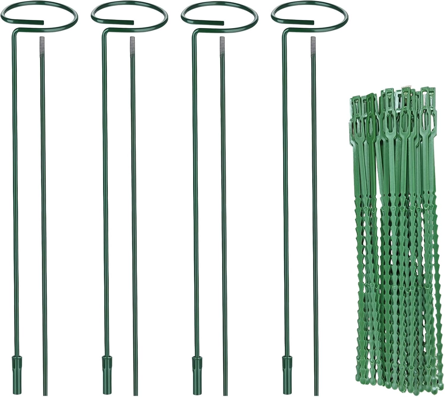 Huakaile 4 Packs Adjustable 23.6" Plant Stakes and Supports with 30 Pieces 9" Twist Ties, Green Plant Holder Stick Outdoor Indoor, Metal Flower Support Stakes Rings for Gardens Vegetables (60 cm)-VerdiqueGarden