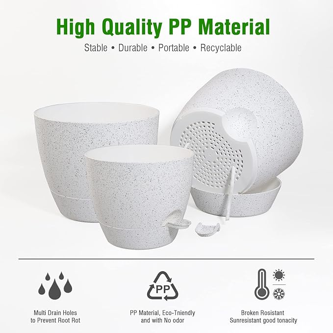 10/9/8 inch Self Watering Pots, Set of 3 Plastic Planters with Mesh Drainage Holes and Deep Reservoir for Indoor Outdoor Garden Plants and Flowers, White Speckles-VerdiqueGarden