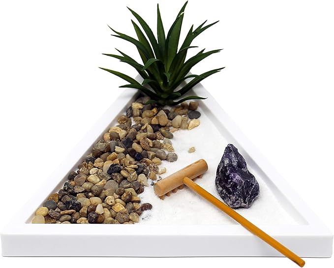 Nature's Mark Mini Zen Garden Kit for Desk with White Sand, Rake, White Base, Salt Rock and Air Plant (Triangle)-VerdiqueGarden