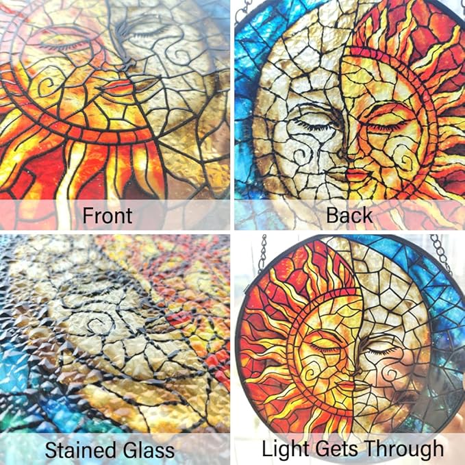 Sun and Moon Suncatcher Stained Glass Window Hanging - Handmade Stain Glass Suncatchers with Chain - Sun Catchers Indoor Window Glass Panel for Home Decor Garden Thanksgiving Valentines Day Gifts-VerdiqueGarden