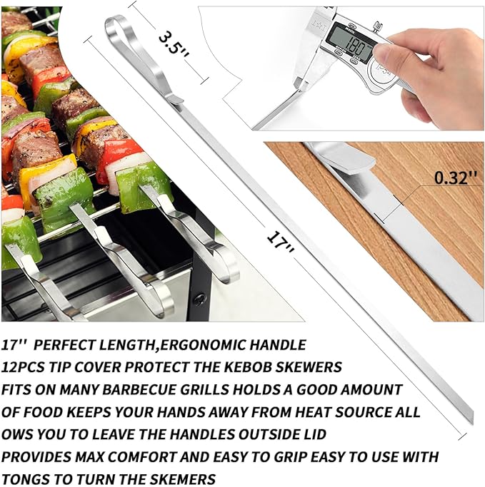 Kabob Skewers 17" Stainless Steel Long BBQ Barbecue Skewers, Flat Metal Kebob Sticks Wide Reusable Grilling Skewers for Meat Chicken,Set of 12 with Storage Bag-VerdiqueGarden
