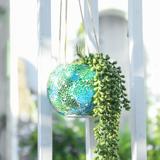 Hanging Planter Mosaic Garden Pot Small Flower Pot for Indoor Plant Disco Ball Hanging Planter with Drainage Green-VerdiqueGarden