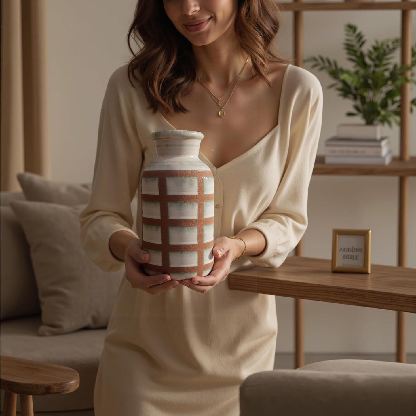 Rustic Farmhouse Ceramic Vase, Pastoral Clay Decor, Boho Vintage Terracotta Vases for Bouquet and Fake Plants, Suitable for Home Decor, Shelf, Dining Table, Living Room, Mantle, Bathroom, 9.6 Inch-VerdiqueGarden