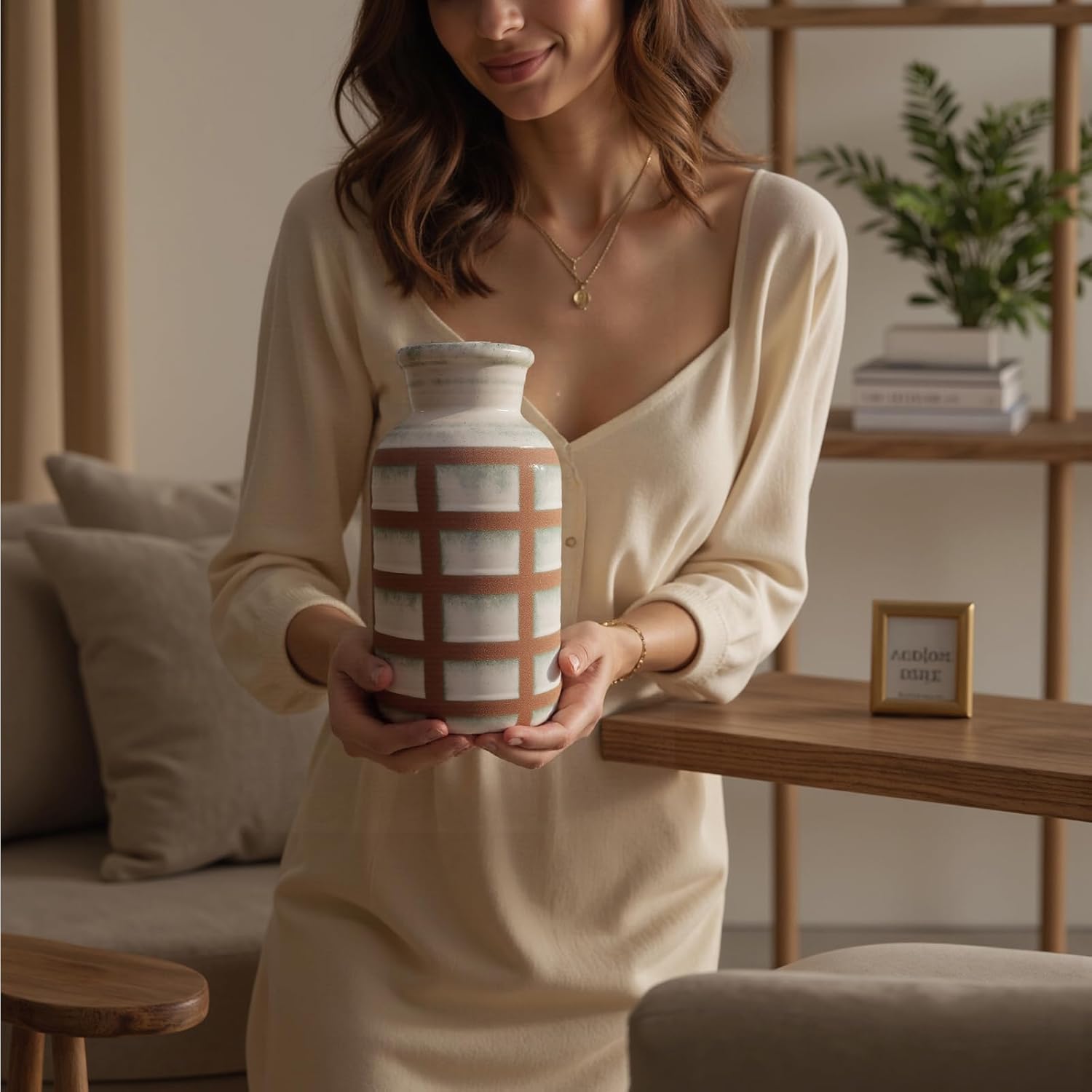 Rustic Farmhouse Ceramic Vase, Pastoral Clay Decor, Boho Vintage Terracotta Vases for Bouquet and Fake Plants, Suitable for Home Decor, Shelf, Dining Table, Living Room, Mantle, Bathroom, 9.6 Inch-VerdiqueGarden