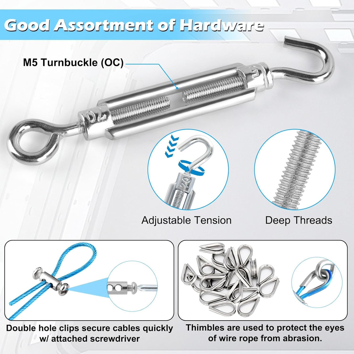 Turnbuckles for Cables Wire, 1/8" X 100Ft Blue PVC Coated Wire Rope Kit, Multi-use Steel Cable for Grape Vines/Clothes Line Outdoors for T Post/String Light Hanging/Garden Wire-VerdiqueGarden