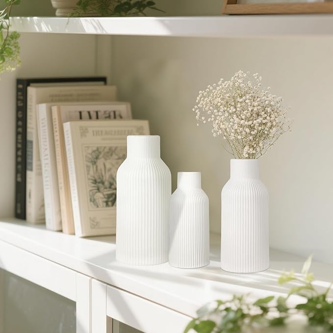 Ceramic Vase Set of 3, White Vase for Modern Home Decor, Decorative Vases for Bouquet Pampas Grass Dried Flowers, Living Room, Bedroom, Bathroom, Shelf Centerpiece Table Decorations-VerdiqueGarden