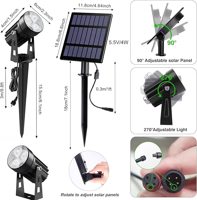 Solar Spot Lights Outdoor, 3-in-1 Garden Spotlights IP65 Waterproof 9.8ft Cable, 5W 4000mAh Separated Solar Panel, Auto On/Off for Tree Patio Yard Driveway Pathway Pool(Cold White 6000K)-VerdiqueGarden