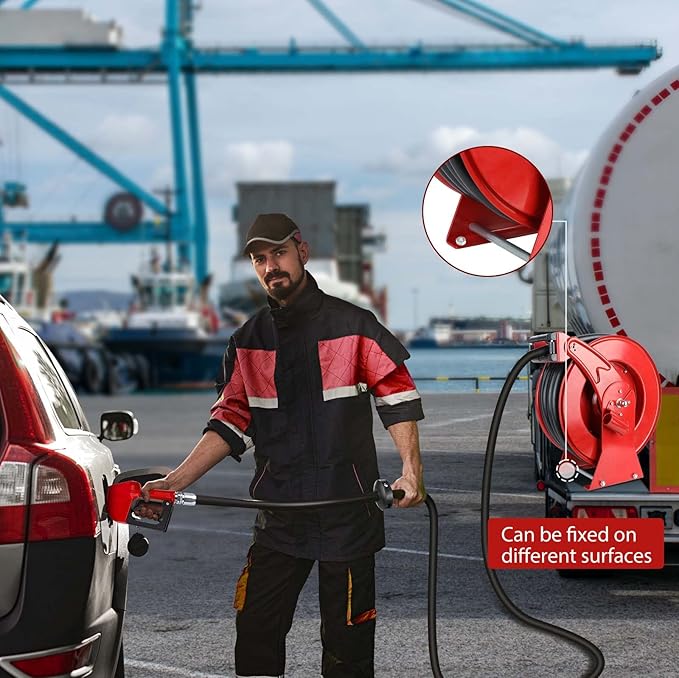 Fuel Hose Reel with Fueling Nozzle, 3/4" x 50FT Retractable Diesel Hose Reel, 300 PSI Industrial Heavy Duty Auto Swivel Rewind Hose Holder Reels, for Vehicle Tank Truck Trailer Ship-VerdiqueGarden