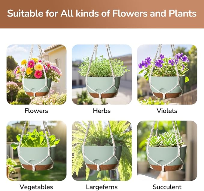 12 Inch Hanging Baskets for Plants Outdoor, Hanging Planters for Indoor Outdoor Plants, Hanging Planter with Self Watering, Hanging Flower Pots (Green Planter with Macrame + Iron Hangers)-VerdiqueGarden