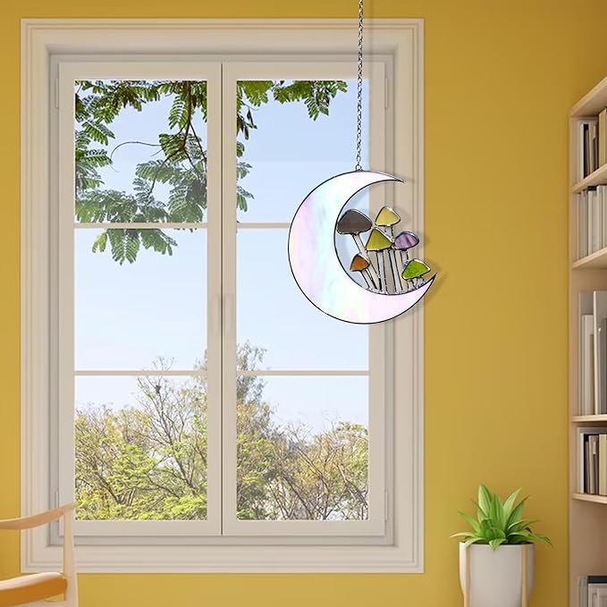 Sensory4U Mushroom Moon Stained Glass Suncatcher - Earth Tone Modern Window Hanging Wall Art - Home Decor or Garden Suncatcher for Natural Light Reflection-VerdiqueGarden