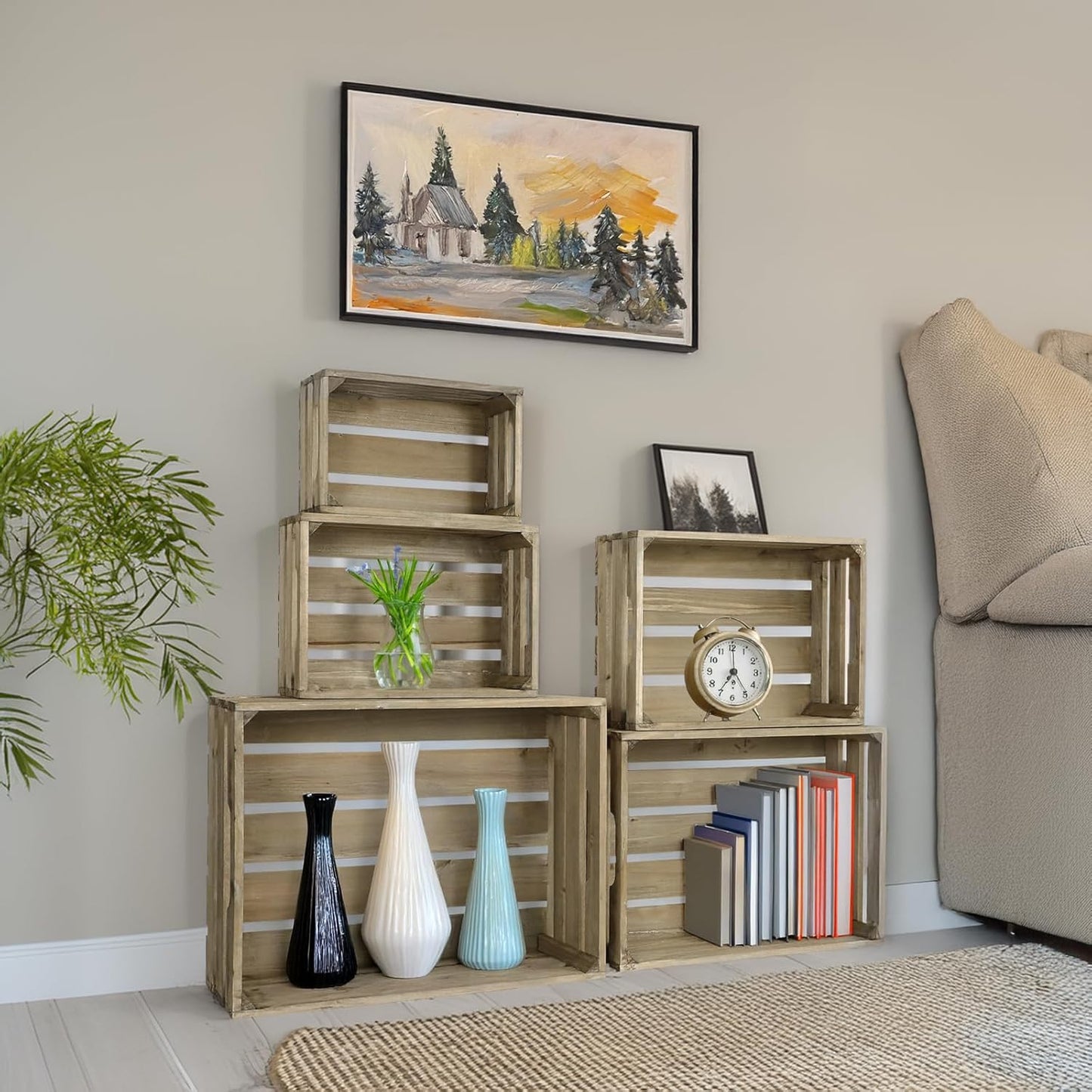 Large Wood Crates, Set of 5 Decorative Storage Box with Handles, Vintage Gray Farmhouse Wooden Crates for Decor, Wedding Birthday Home Party Living Room Kitchen Decoration-VerdiqueGarden