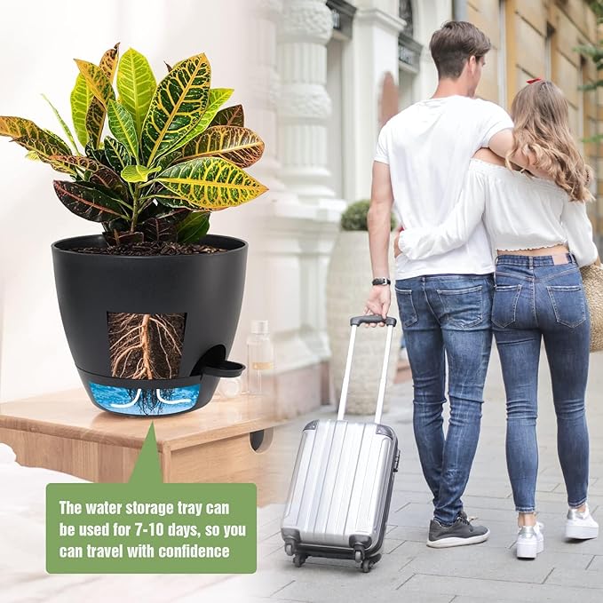 10/9/8 inch Self Watering Pots, Set of 3 Plastic Planters with Mesh Drainage Holes and Deep Reservoir for Indoor Outdoor Garden Plants and Flowers, Black-VerdiqueGarden