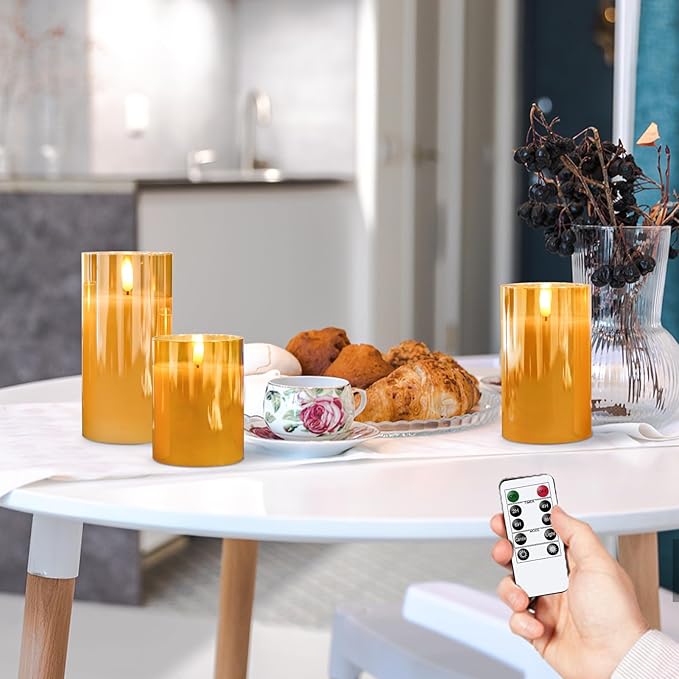 Glass Flameless Candles with Remote Timer,LED Candles Flickering Battery Operated with 3D Wick,Candle Holders Table Centerpiece Decoration for Home Wedding Birthday Festival(Gold)-VerdiqueGarden