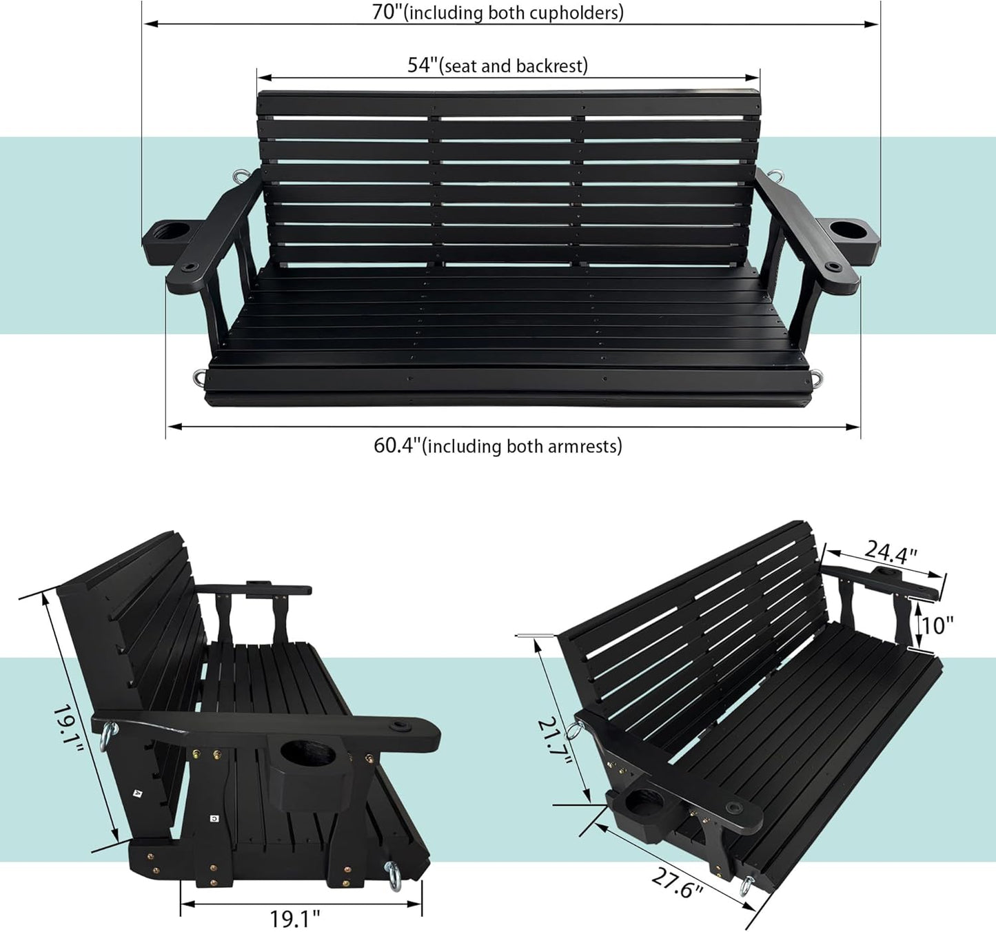 Wooden Porch Swing 3-Seater, High Backrest and Deep Seat, Bench Swing with Cupholders, Hanging Chains and 7mm Springs, Heavy Duty 880 LBS, for Outdoor Patio Garden (Carbon Black, 5 FT Extra Large)-VerdiqueGarden