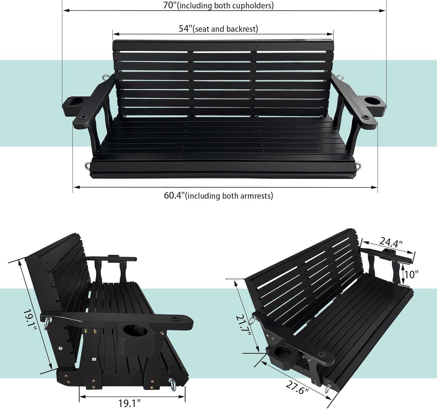 Wooden Porch Swing 3-Seater, High Backrest and Deep Seat, Bench Swing with Cupholders, Hanging Chains and 7mm Springs, Heavy Duty 880 LBS, for Outdoor Patio Garden (Carbon Black, 5 FT Extra Large)-VerdiqueGarden
