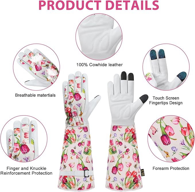 DLY Gardening Gloves for Women, Rose Gloves Gardening Thorn Proof, Long Garden Gloves for Women, Breathable Cowhide Leather Gauntlet(Medium,White)-VerdiqueGarden