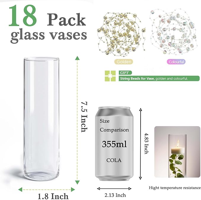 18pcs Glass Vase Cylinder Vases for Centerpieces Small Flower Glass Clear Vases Home Decor Centerpiece Table Flower Vase Decorations for Office Beautification＆Holiday 7.5 Inch Tall-VerdiqueGarden