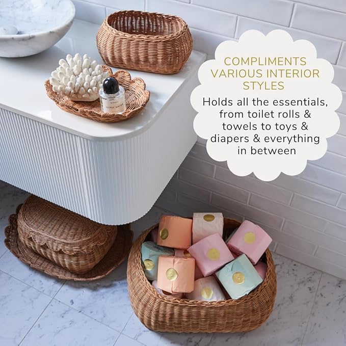 BEBE BASK Large Scalloped Basket Set Of 3 - Hand-Woven & Award-Winning Scallop Basket - XL - Extra Large for Blankets 22 x 16 x 10 In - Elegant Wicker With Scalloped Edge Lid (Mocca)-VerdiqueGarden