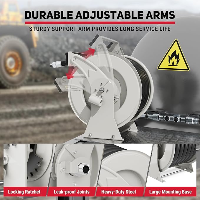 Diesel Fuel Hose Reel Retractable 1" x 50' with Fueling Nozzle Diesel Hose Reel 300 PSI Industrial Auto Swivel Heavy Duty Steel Construction for Farm Ship Vehicle Tank-VerdiqueGarden