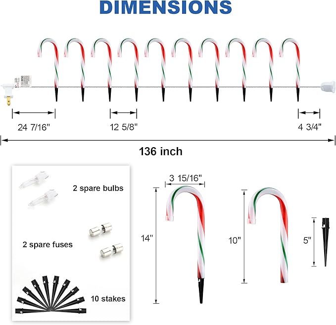 10" Christmas Candy Cane Lights - Set of 10 Pathway Markers Christmas Outdoor Yard Decorations, Xmas Candy Canes Stake Lights for Lawn Walkway Garden, Xmas Party Indoor Ornaments-VerdiqueGarden
