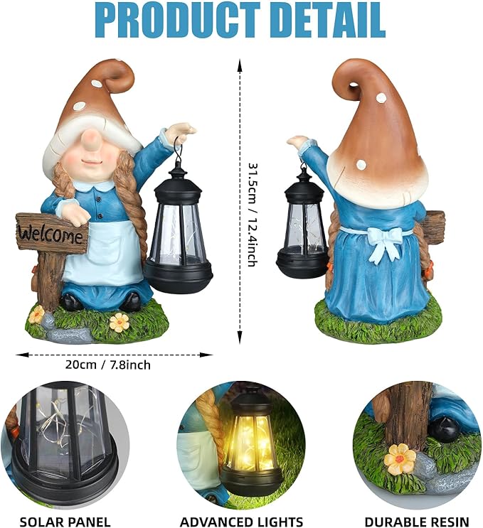 Solar Large Gnome Garden Statue with Welcome Sign Outdoor Decor with LED Lantern Funy for Porch Yard Patio Lawn Ornament Christmas Housewarming Gardening Gift-VerdiqueGarden