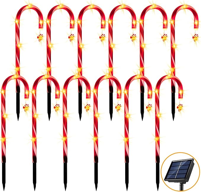 12 Pack Christmas Candy Cane Lights Outdoor Solar Pathway Lights Christmas Decorations Waterproof Driveway Walkway Markers Yard Garden Home Xmas Decor, 2-in-1 Rechargeable Solar Power-VerdiqueGarden