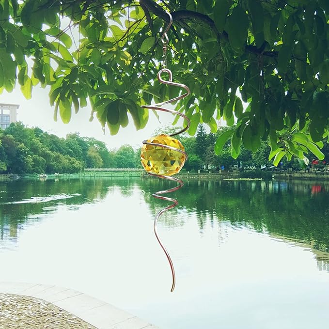 FONMY Gazing Ball Spiral Tail -Decorative Wind Spinner Sun Catcher Rainbow Maker 11 inch Tail and 2 inch Golden Crystal Orb. Indoor Outdoor Garden Decoration -13 inch Height-VerdiqueGarden