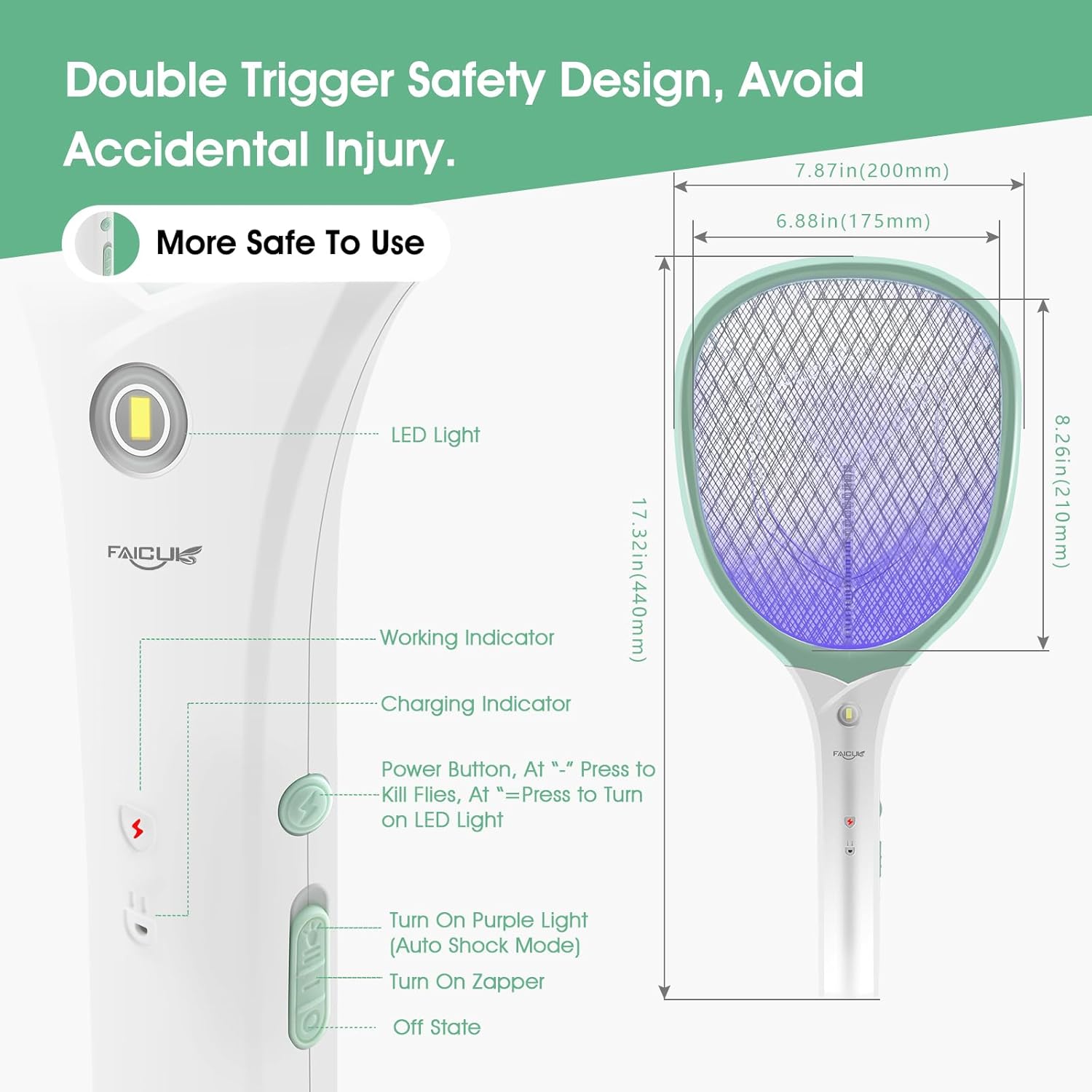 Faicuk Rechargeable Handheld Bug Zapper Racket 2 in 1 Electric Fly Swatter (2 in 1 Green)-VerdiqueGarden