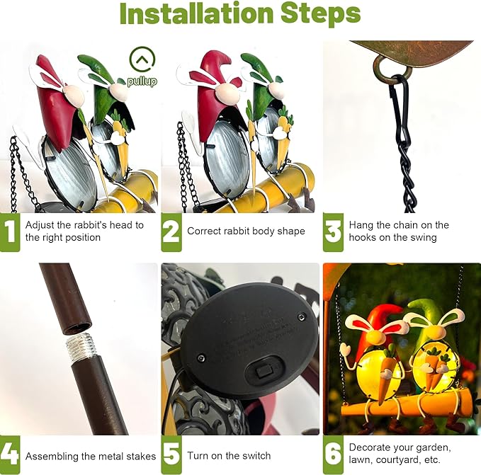 HONGLAND Solar Lights Outdoor Decor, Rabbit Swing Garden Decor, Funny Gardening Gifts for Women Mom, Gnomes Outdoor Decorations with Welcome Sign for Front Porch Patio-VerdiqueGarden