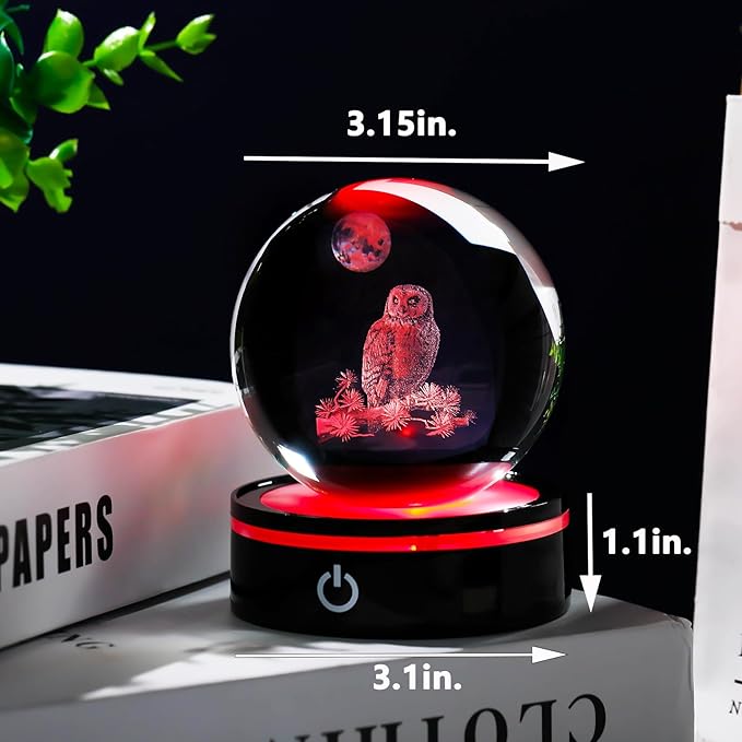 YWHL 3D Owl Figurine Crystal Ball With Colorful Light Base, Gifts for Women Men Lovers on Christmas Birthday, Laser Engraved Sphere Glass Ball for Home Office Decoration (80mm)-VerdiqueGarden