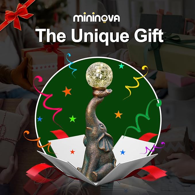 MININOVA Garden Decor Outdoor Statues Elephant with Cracked Glass Ball, Cute Solar Figurine for Patio, Lawn, Yard Art Ornament Decorations (8 LED Lights)-VerdiqueGarden