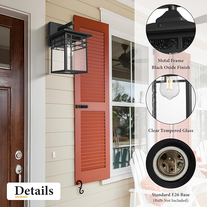 Outdoor Light Fixture Wall Mount, Black Exterior Light Fixture Wall Sconces with Seeded Glass for Front Porch, 9 Inch Large Waterproof Outdoor Square Wall Lantern Outside for House Doorway-VerdiqueGarden