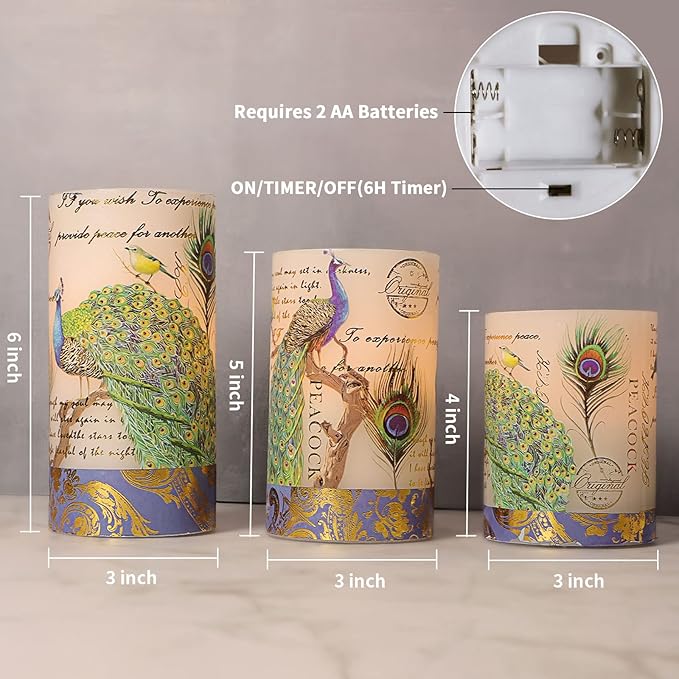 Flameless Peacock Battery Operated Candles With Remote - Flickering Pillar Real Wax LED Vintage Home Decor for Spring, Wedding, Mother's Day Gifts-VerdiqueGarden