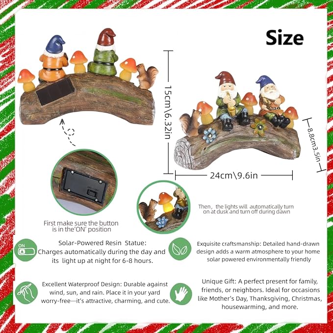 Funny Garden Gnome Statue Solar Powered Mushroom Figurine with Squirrel Gnome Durable Resin Outdoor Decoration for Patio Yard Lawn Ornament Housewarming Gift-VerdiqueGarden