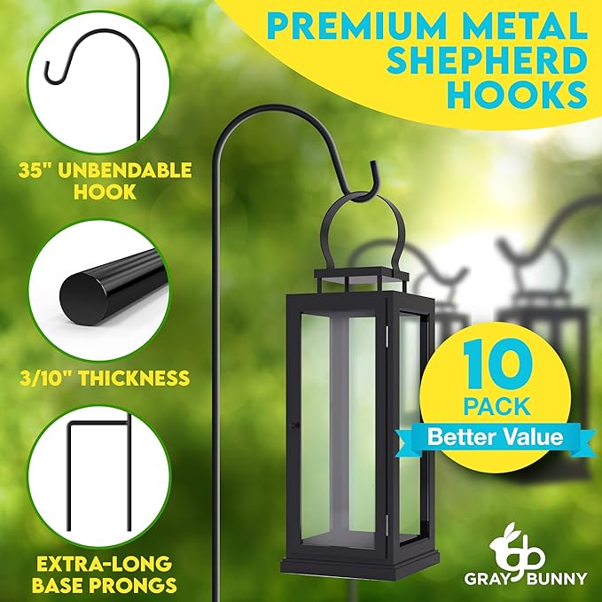 Gray Bunny Shepherds Hooks for Outdoor 35” 10 Pack, Thick Heavy Duty Bird Feeder Pole for Outside Yard, Hanging Plant Stand, Non-Hollow, Non-Adjustable, Extra Long Base Prongs for Backyard Wedding-VerdiqueGarden