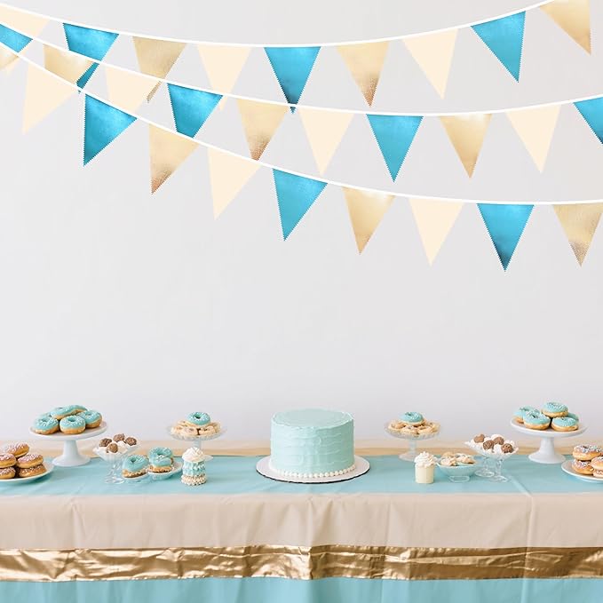 Champagne Gold Sky Blue Beige Decorations Metallic Fabric Triangle Pennant Banner Bunting Flag Garland for Birthday Baby Shower Engagement Wedding Graduation Bridal Shower Party Decorations Supplies-VerdiqueGarden