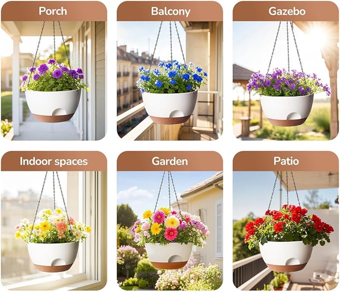 12 Inch Hanging Baskets for Plants Outdoor, Hanging Planters for Indoor Outdoor Plants, Hanging Planter with Self Watering, Hanging Flower Pots (White)-VerdiqueGarden