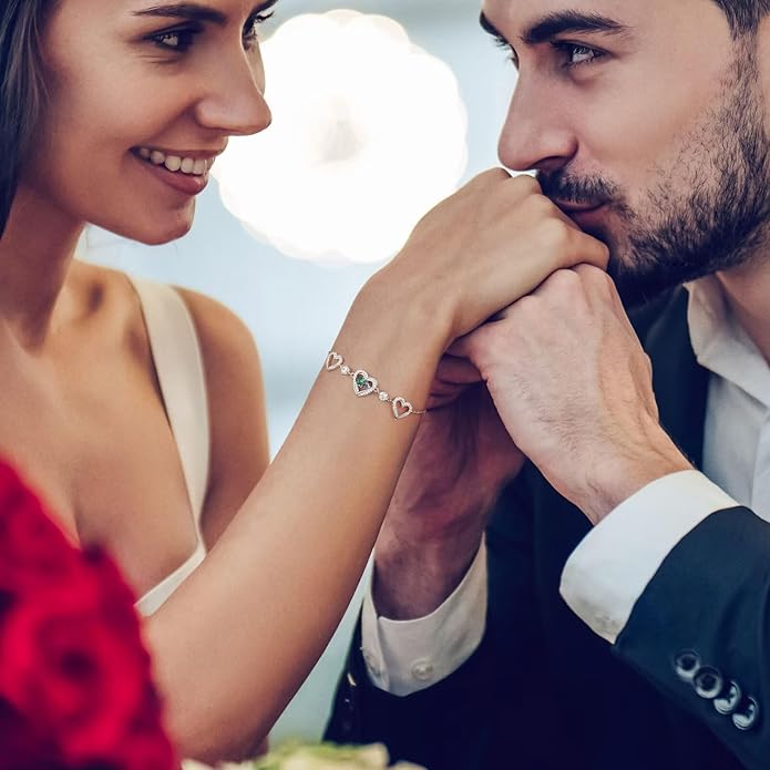 Iefil Valentines Day Gifts for Her - 925 Sterling Silver Heart Birthstone Bracelet Birthday Anniversary Jewelry Gifts for Her Wife